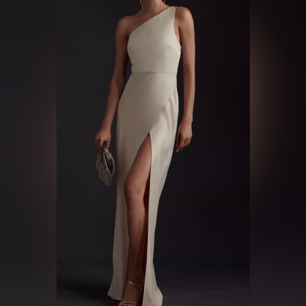 BHLDN Dylan One-Shoulder Satin Side-Slit Gown - CHAMPAGNE color